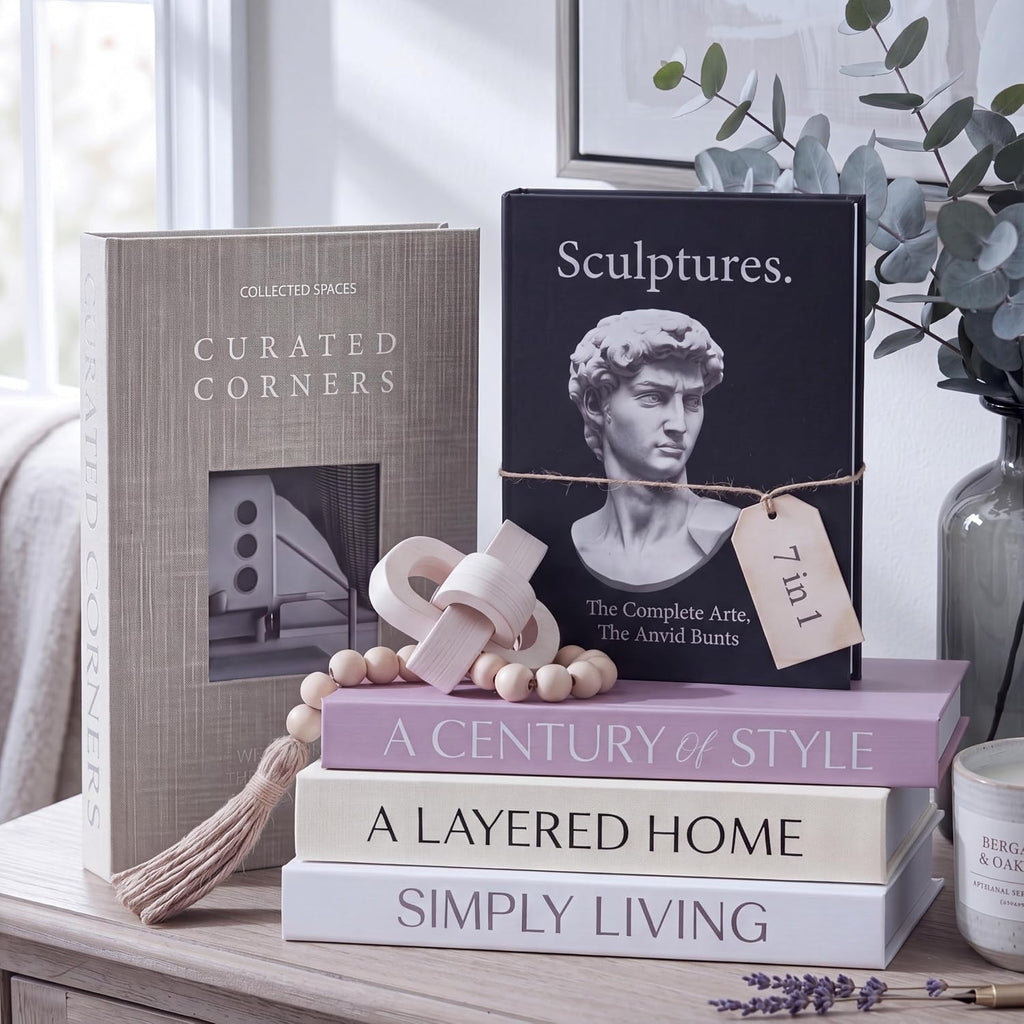 Decorative Books Set of 5 Fake Books Decor with Wood Bead Garland and Buckle Modern Aesthetic Stackable Book for