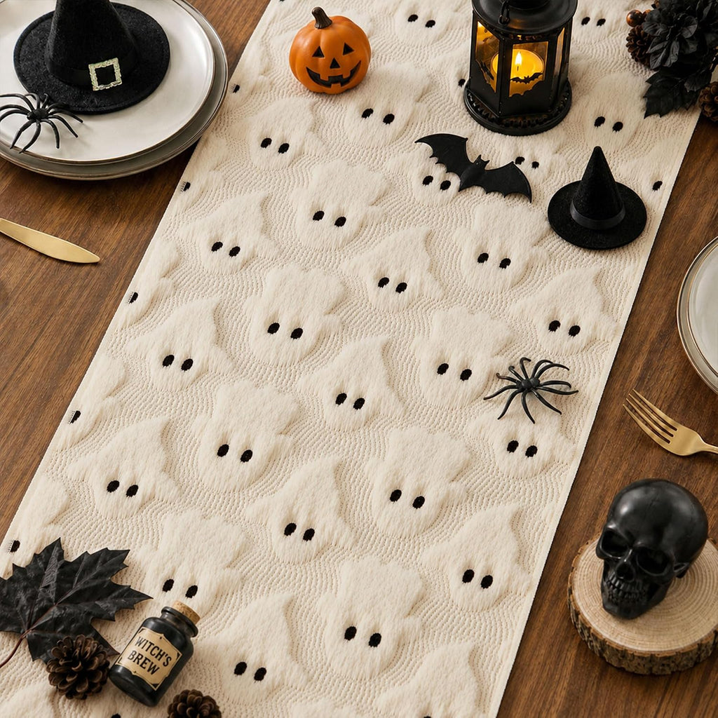Halloween Table Runner 13x72 Inch Soft Plush Faux Fur Jacquard Beige Ghost Table Runner Holiday Kitchen Dining Table