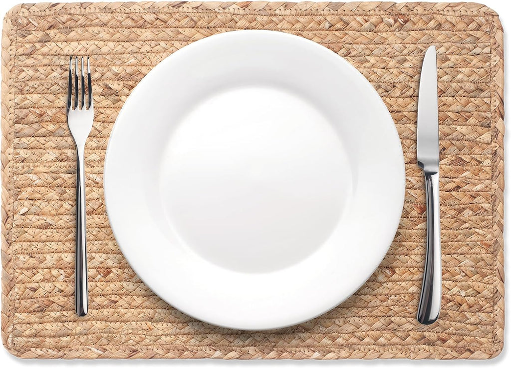 Woven Placemats, 17" x 12" Rattan Table Mats, Natural Water Hyacinth Chargers for Dinner Plates, Wicker - Set of 6