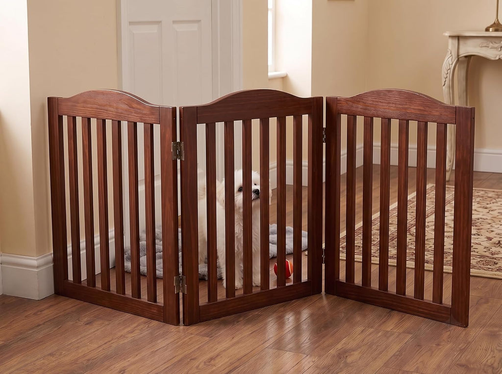 60'' Foldable Pet Gate Doorway for Dogs, Brown 3 Panels Step Over Fence