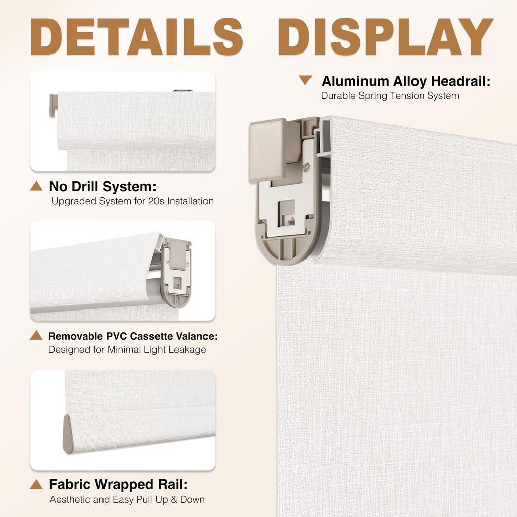 No Drill Cordless Blackout Roller Shades, White