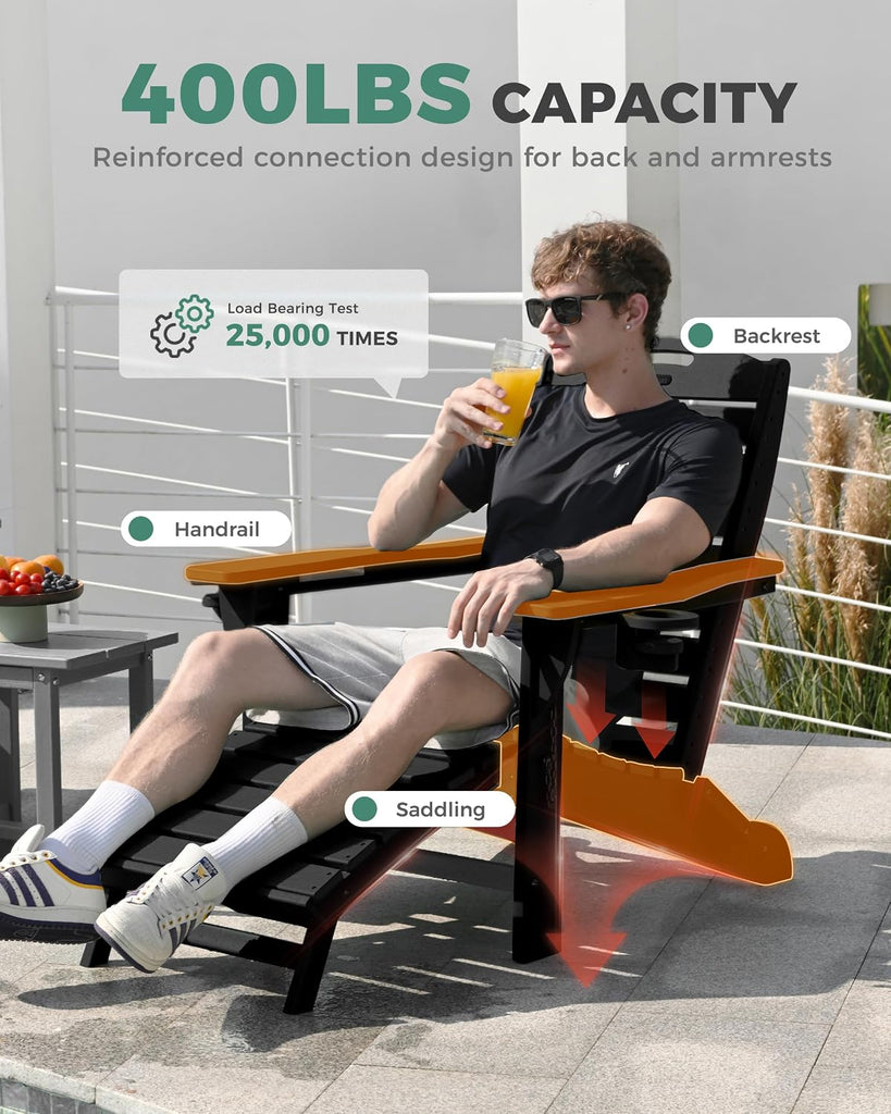Folding Adirondack Chair with Retractable Ottoman Weather Resistant Fire Pit Chair Patio Chair with 2 Cup Holder Lawn
