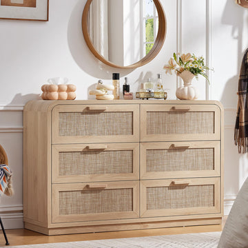 Rattan 6 Drawer Dresser, Natural Wood