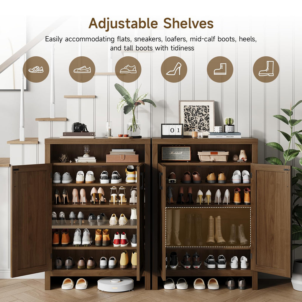 6-Tier Shoe Cabinet with Door, Farmhouse Shoe Storage Cabinet, Walnut