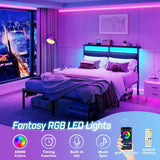 Full Bed Frame with Headboard, Bed Frame Full with LED Light and Charging Station