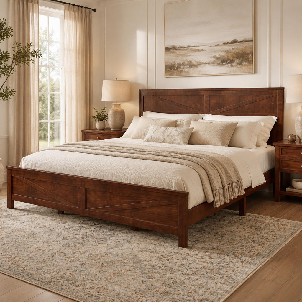 Farmhouse Bed Frame with Barn Door Headboard and Footboard, Wood Platform Bed Frame, No Box Spring