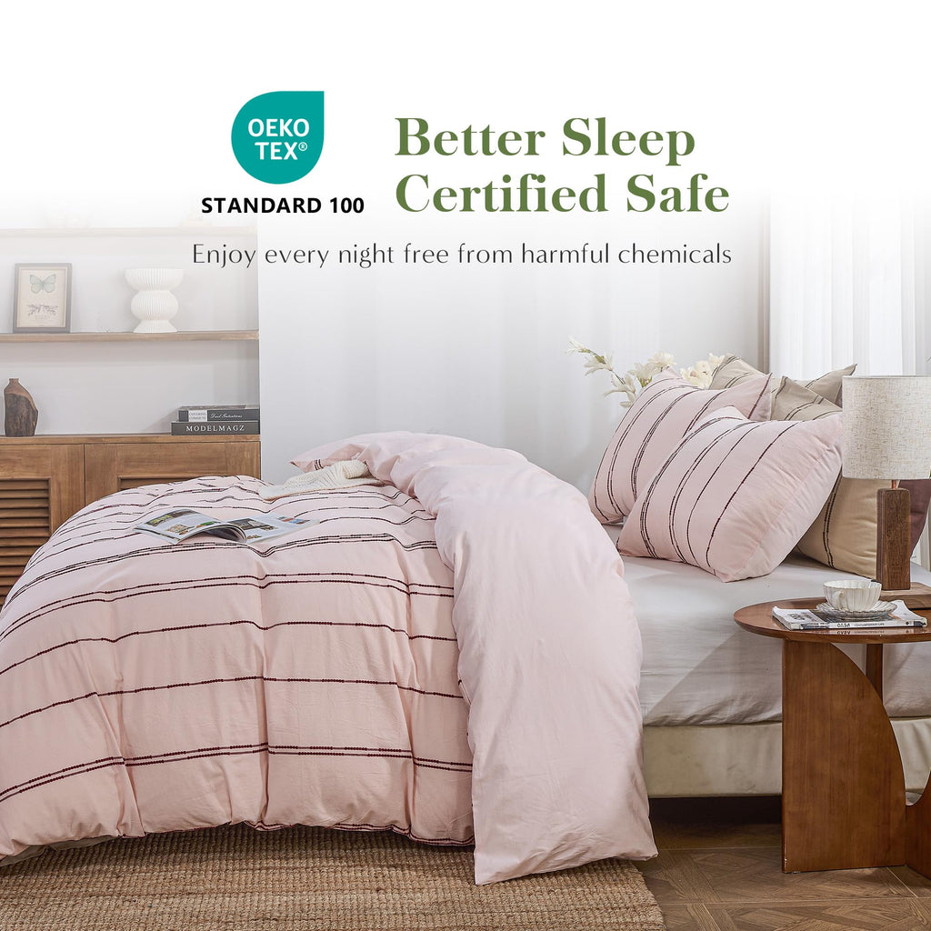 100% Cotton Striped Duvet Cover Set, 3Pcs Boho Linen-Like Textured Comforter Cover with Embroidered