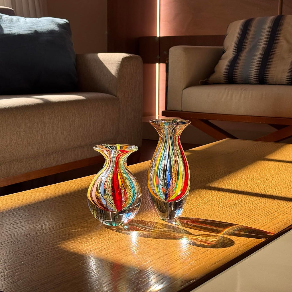 Murano Style Glass Vases Hand Blown Colored Canes Boho Effect Home Decor - Set of 2