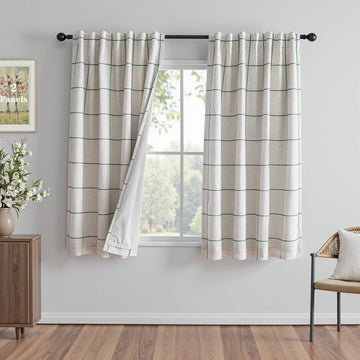 100% Blackout Plaid Linen Curtains 63 Inches Long Double Layer Farmhouse Thermal Insulated Checkered Print Drapes
