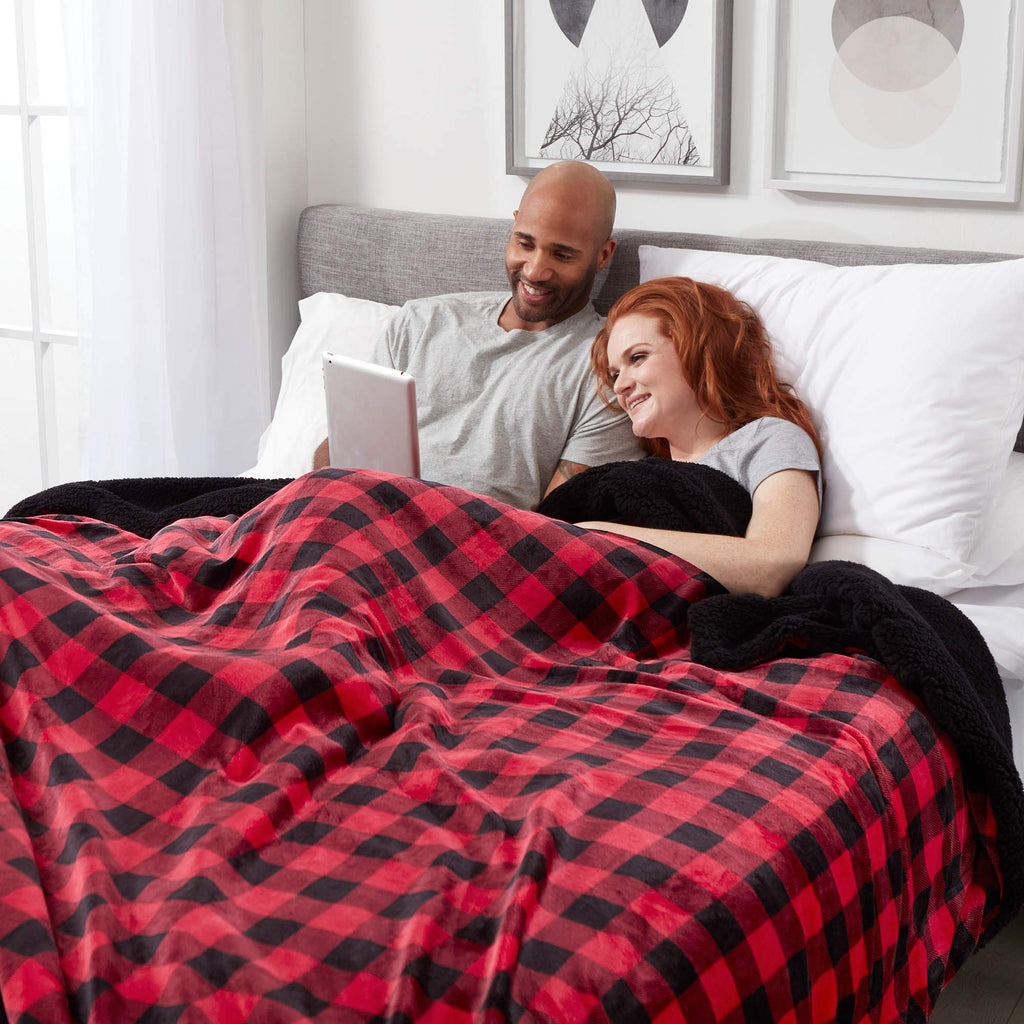 Sherpa Throw Blanket Super Soft Reversible Ultra Luxurious Plush Blanket, 102 x 90 inches, Buffalo Check Red/Black