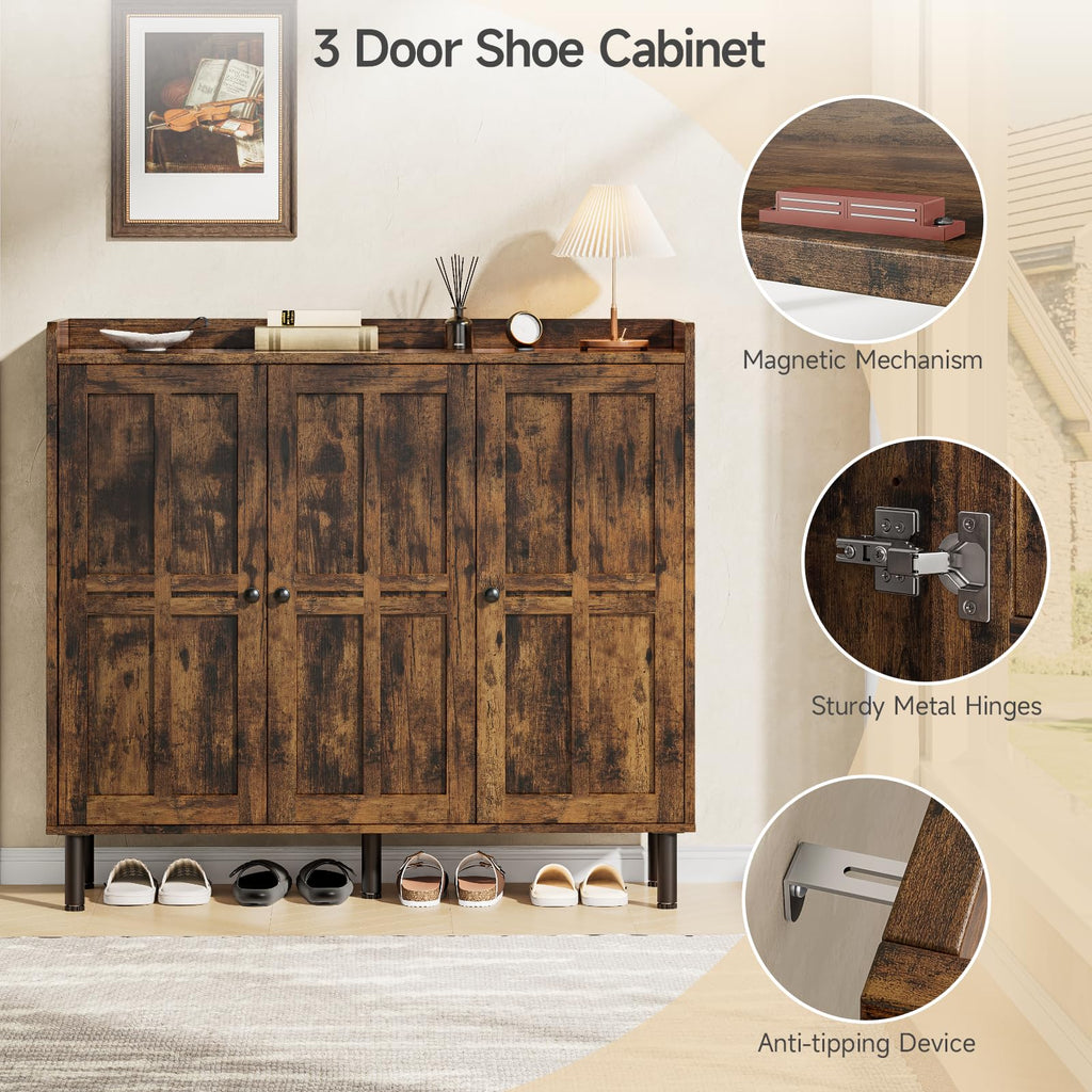 Shoe Cabinet with 3 Doors & Adjustable Shelves (Rustic Brown)