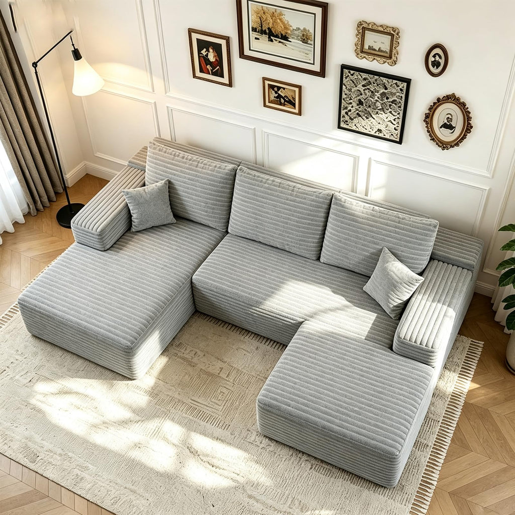 107" U Shaped Boneless Sofa with Left Chaise & Ottoman, Grey