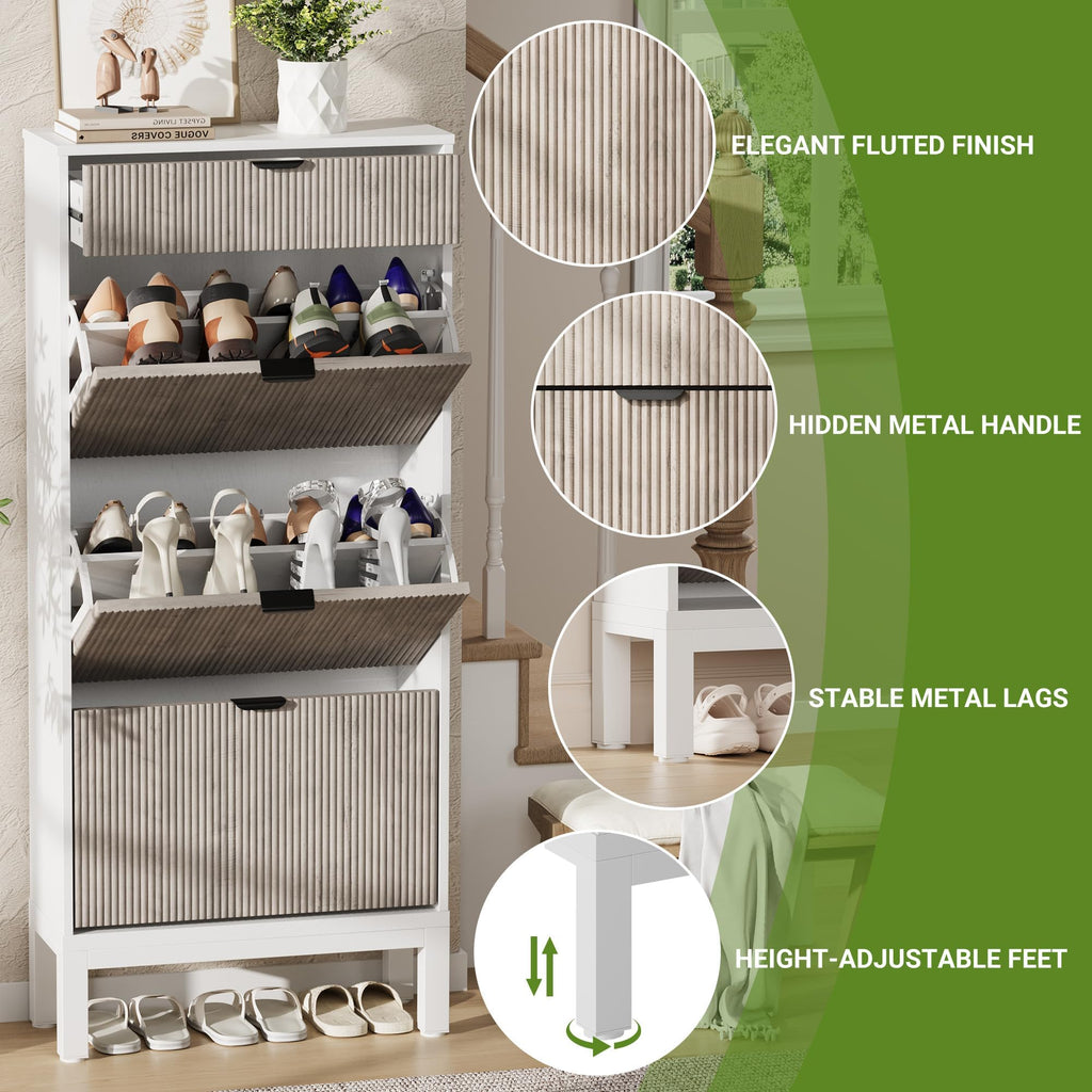 Fluted Shoe Storage Cabinet with 3 Flip Drawers, White+Grey