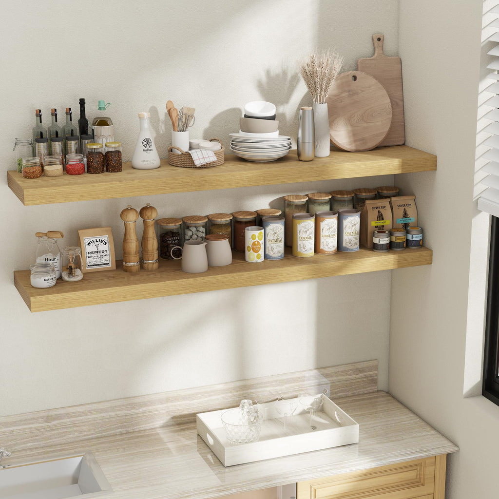 12 Inch Deep Floating Shelves, 60 Inch Long Extra Large Floating Shelves, Wall Shelves with Invisible Bracket, Oak