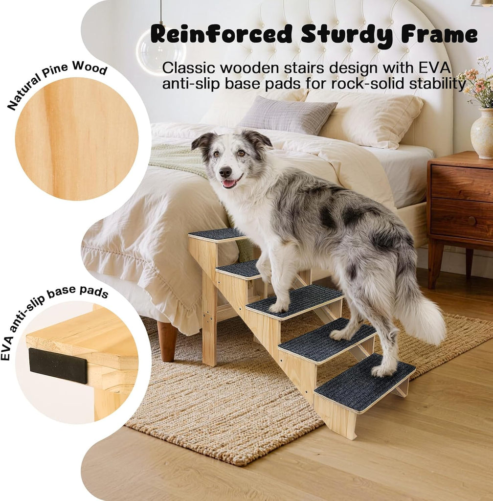 5-Step Dog Stairs for Large Dogs, Solid Wooden Dog Steps for Beds/Couch with Carpet, 24 Inches Anti-Slip Pet Stairs