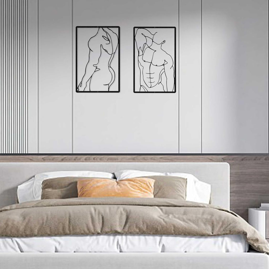 Metal Wall Art Abstract Single Line Art Hanging Decor - Minimalist Line Art Metal Wall Sculpture, Modern Male Body - Set of 2