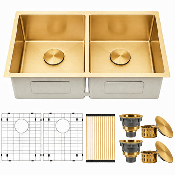 Gold Undermount Kitchen Sink, 31"x18" Stainless Steel Kitchen Sink Double Bowl, 16 Gauge Stainless Steel Brushed Gold
