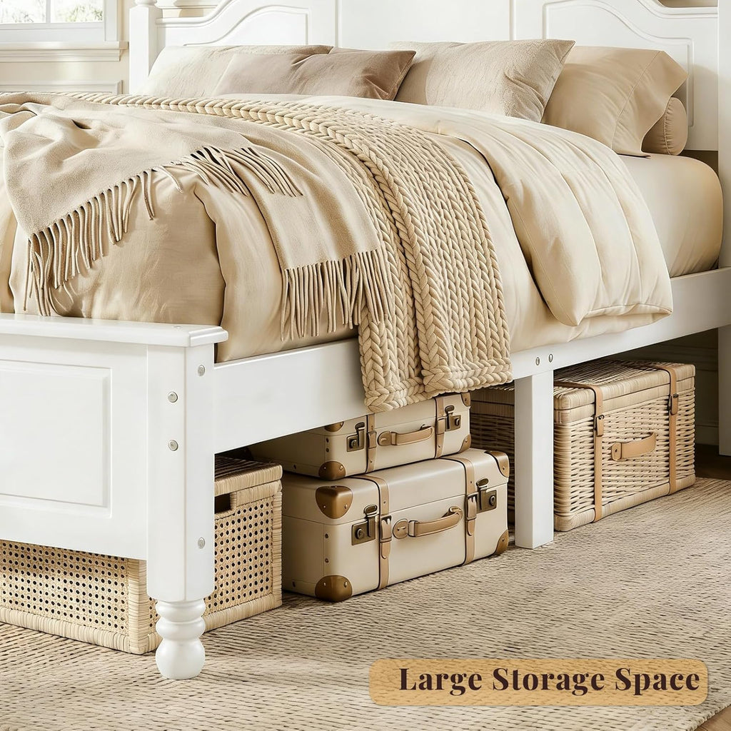 Vintage Queen Wood Bed Frame, Traditional Solid Wood Platform Bed with Retro Style Headboard, Traditional Town Style