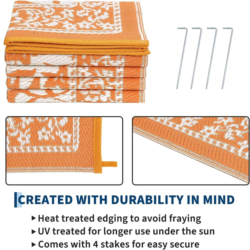 Outdoor Rug Waterproof Reversible Foldable Plastic Straw Orange
