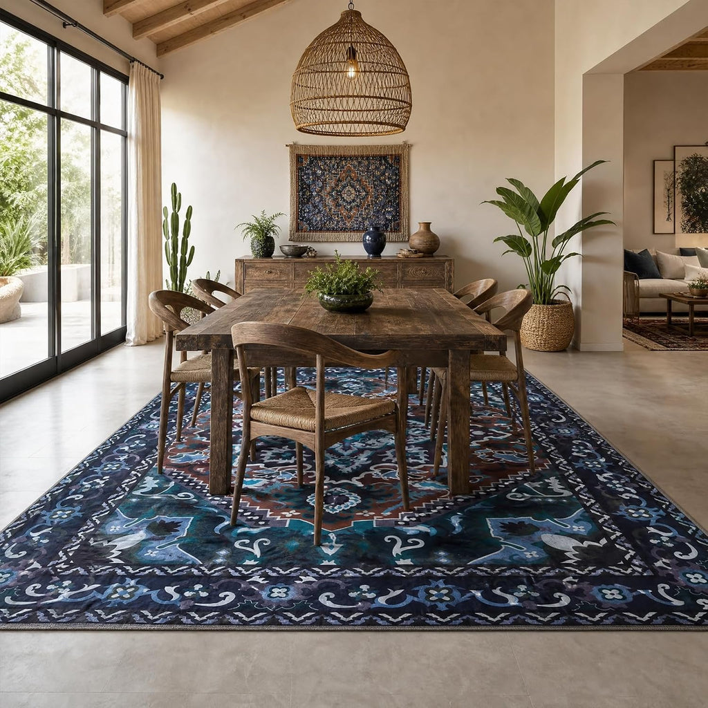 Navy Blue Traditional Medallion Washable Area Rug, Non-Slip