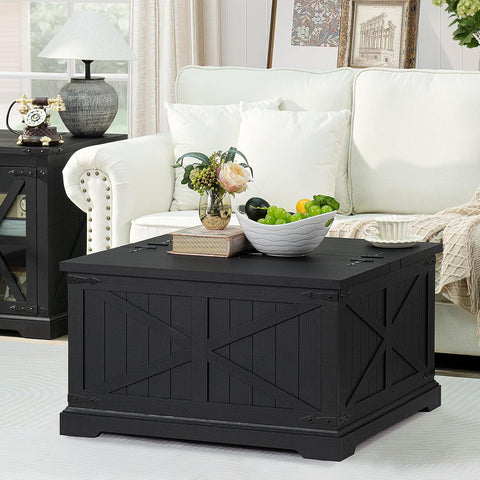 Farmhouse Coffee Table with Large Hidden Storage Compartment, Rustic Black Square Center Table