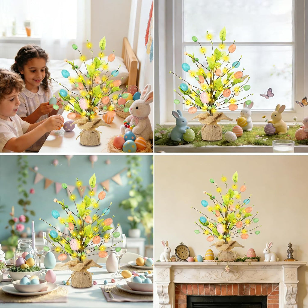 Easter Decorations, 18 Inch Easter Egg Tree with Timer Fairy Lights Colorful Egg Adjustable Branches Mini Tabletop