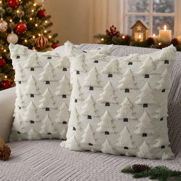 Christmas Pillow Covers 20x20 inch Set of 2 Christmas Decorations Soft Plush Faux Fur Wool Cream White Christmas Tree