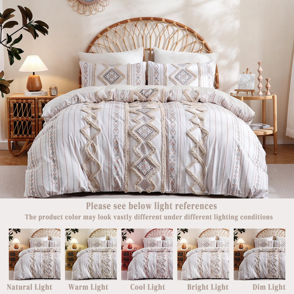 Beige 100% Cotton Boho Duvet Cover Set Queen Size, 3-Piece Tufted Textured Modern Boho Moroccan Bedding, Aztec
