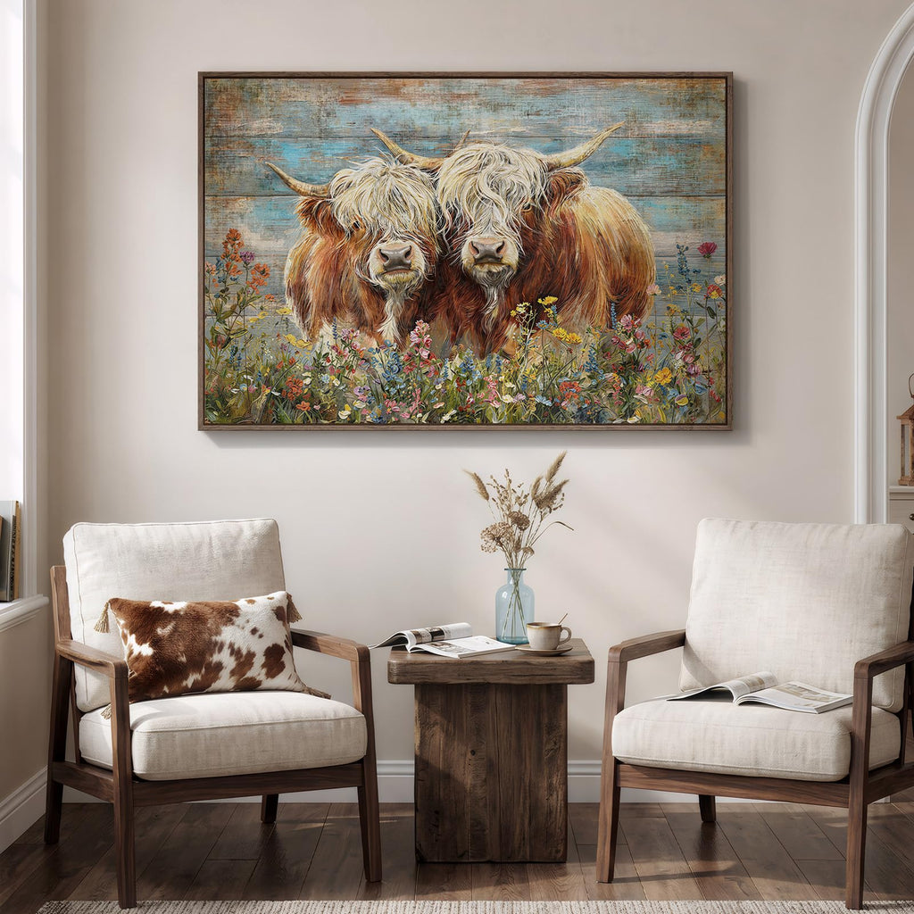 Large Farmhouse Highland Cow Wall Art, Horizontal Prints Paintings 48x32 In