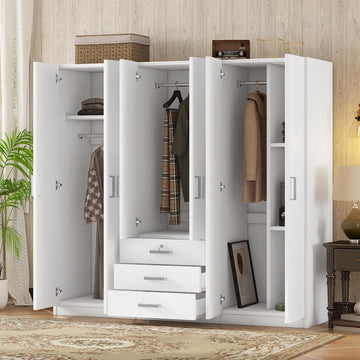 Modern 6-Doors Wooden Wardrobe with Silver Handles and Big Drawers, White