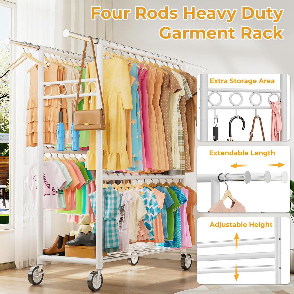 Heavy Duty Clothes Rack Load 1060LBS, Four Rods Rolling Clothing Racks for Hanging Clothes, Rolling Garment Rack With