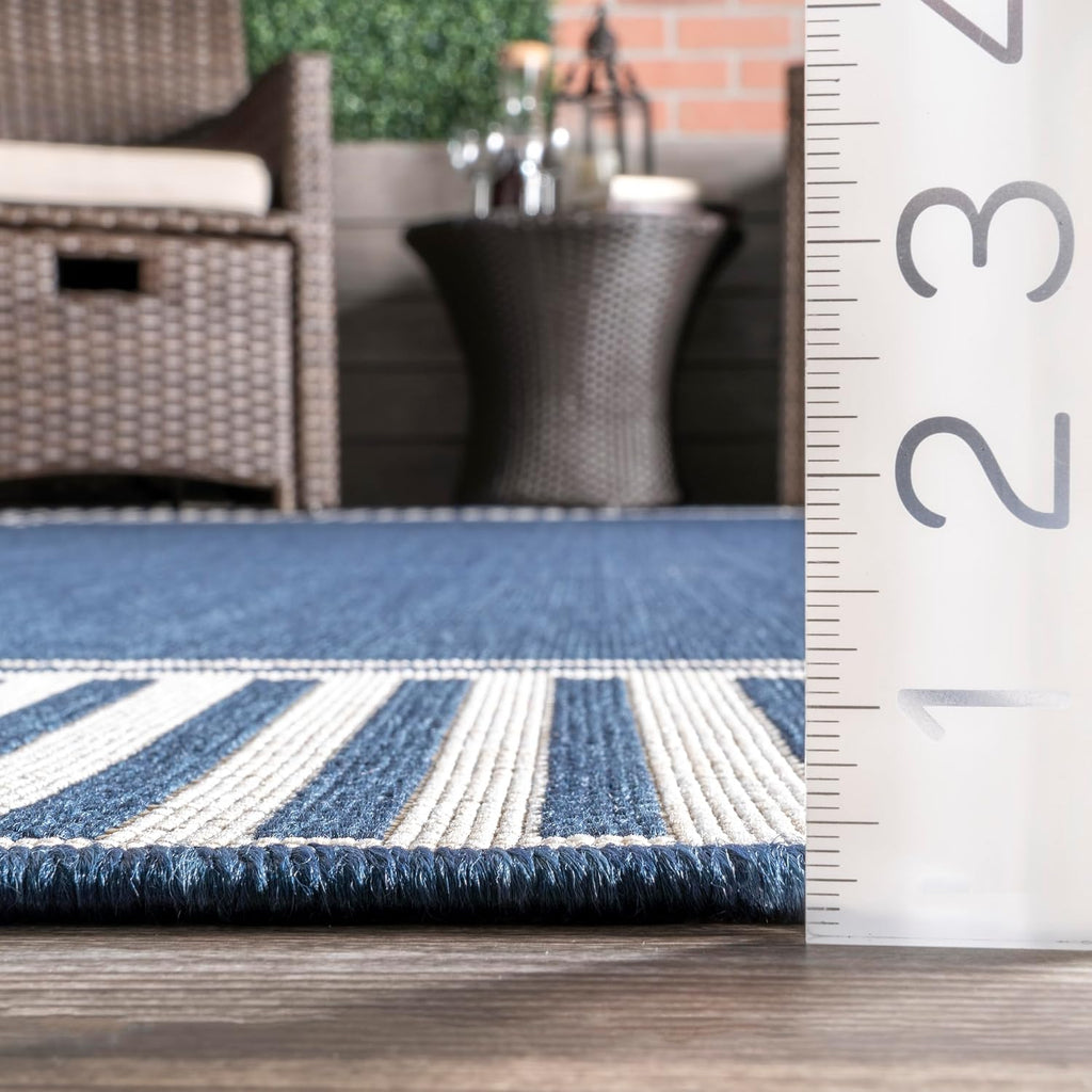Asha Navy Bordered Power Loomed Indoor/Outdoor Area Rug