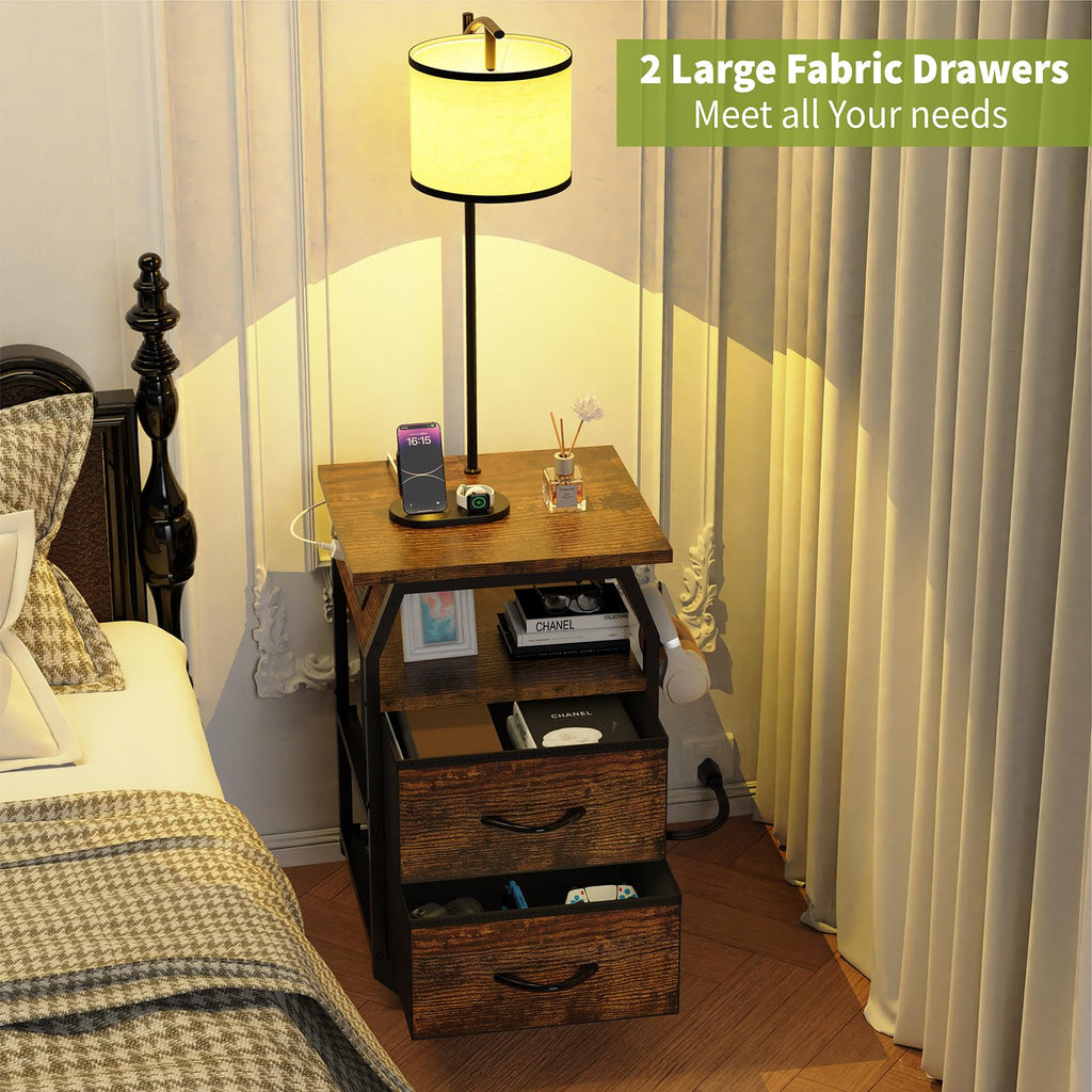 Floor Lamp with Table, End Table with Light and Charging, Rustic