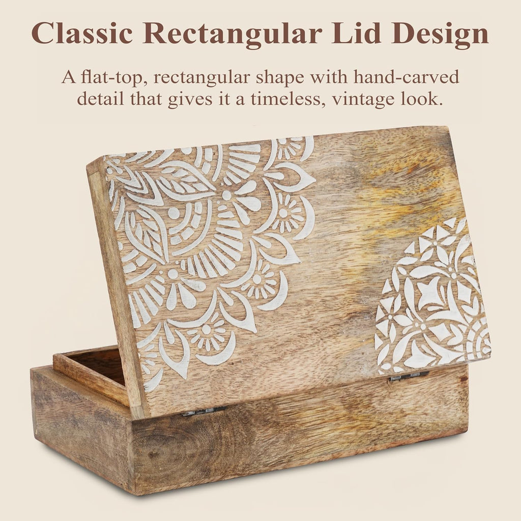 Wooden Jewelry Box Corner Flower Carved Keepsake Treasure Chest