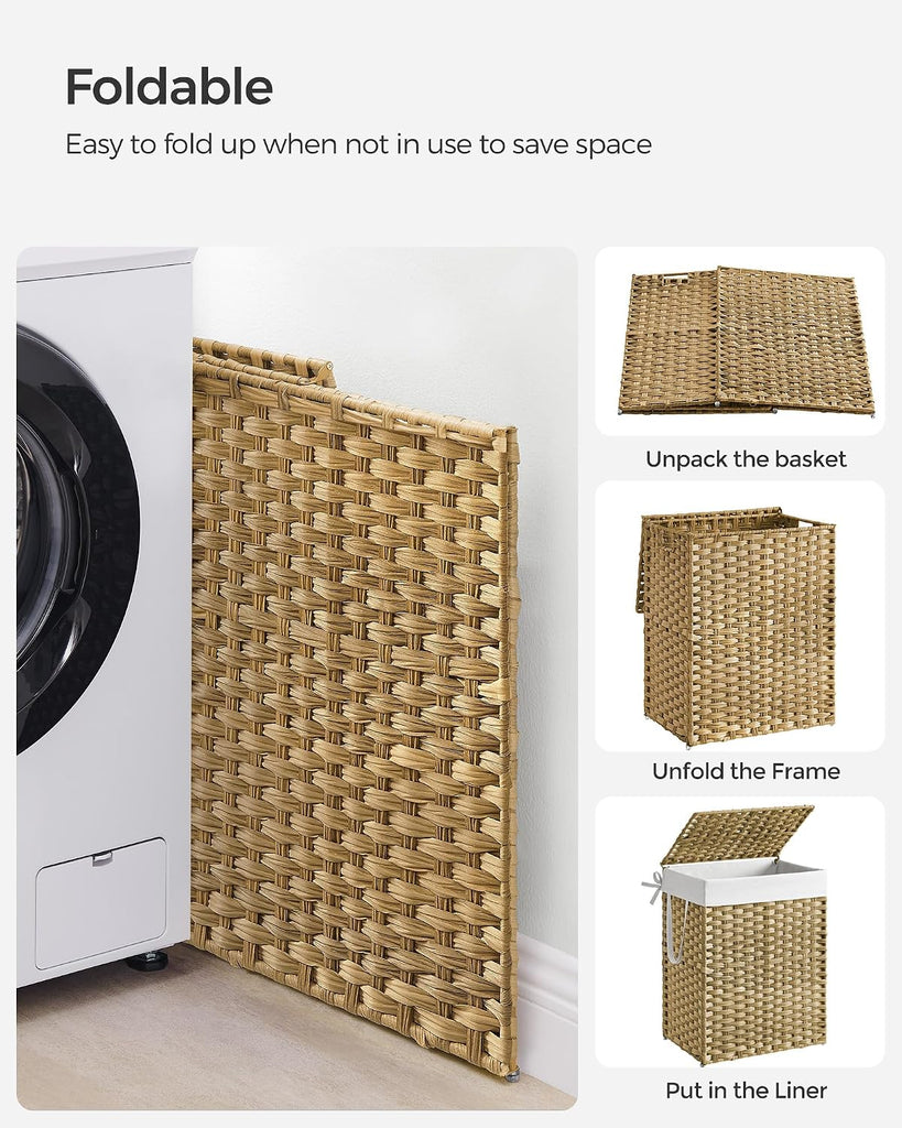 Laundry Hamper with Lid, 23.8 Gallon (90 L) Synthetic Rattan Clothes Laundry Basket with Lid and Handles, Foldable
