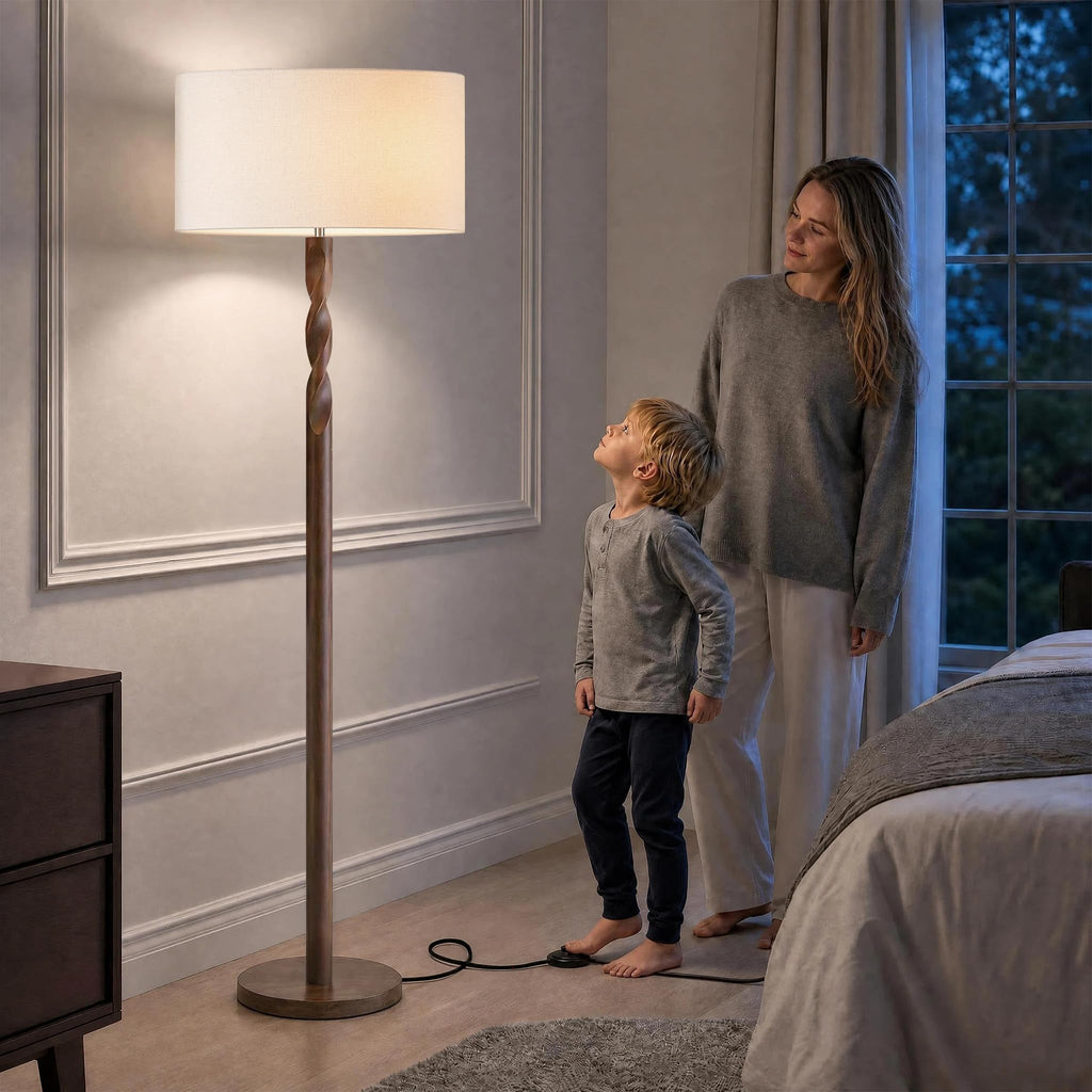 64 Inch Twisted Walnut Wood Floor Lamp with Linen Shade, Cream