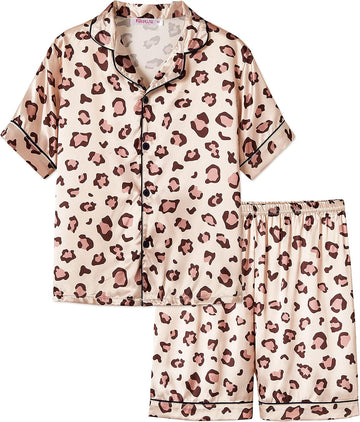 Girls Satin Pajamas, Short Sleeve Shorts Button Up
