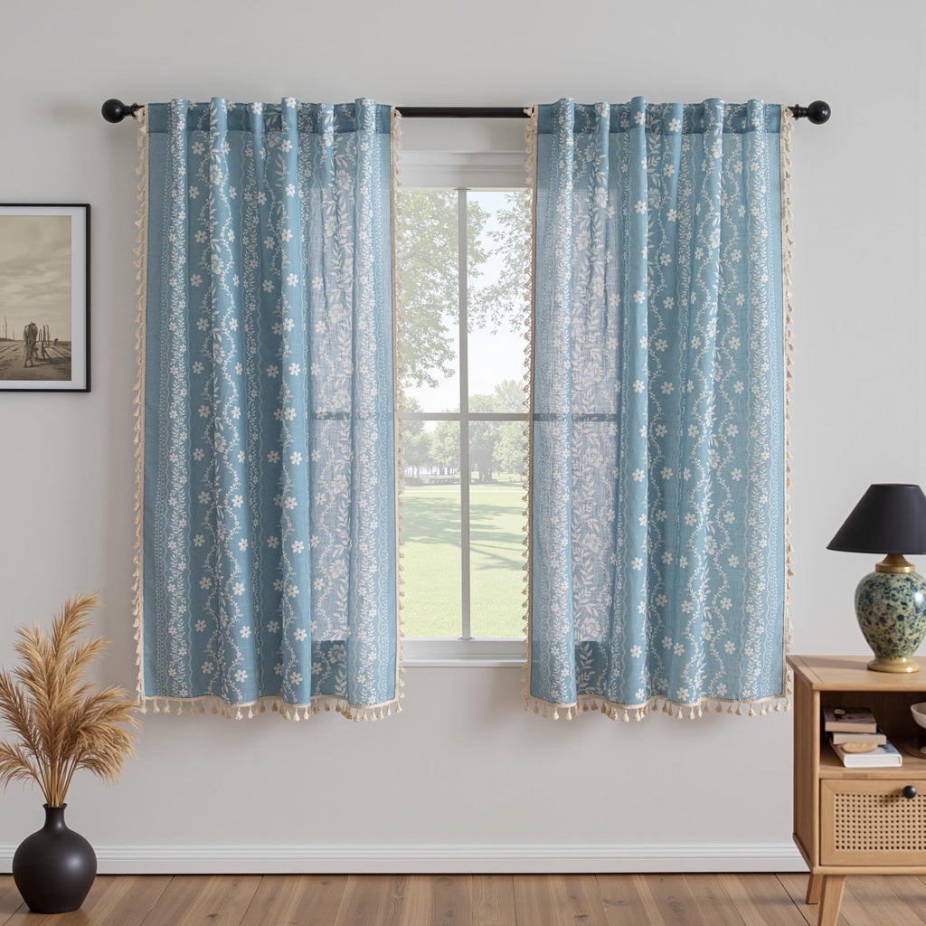 Dusty Blue Boho Floral Curtains 72 Inch Length Linen Blend
