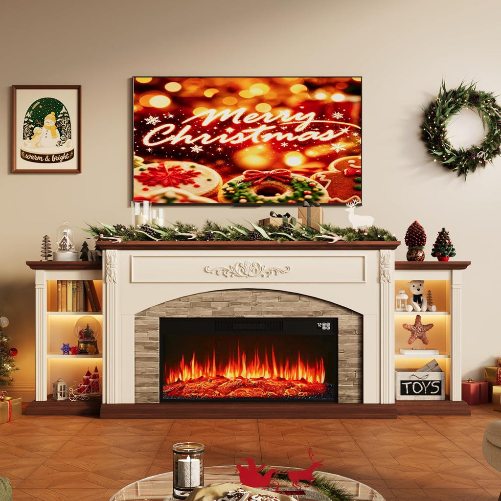90inch Electric Fireplace TV Stand, Fireplace with Mantel Holds TVs up to 100 Inch, Entertainment Center with 36"