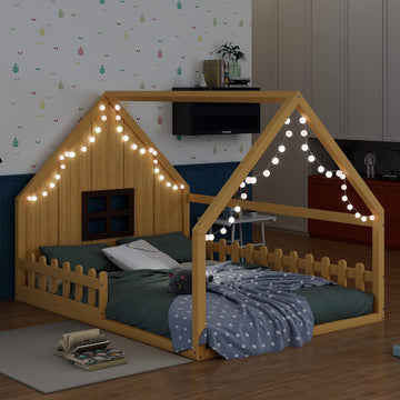 House Bed for Kids, Wood Montessori Floor Bed with LED Light Toddler Floorbed with Fence and Window