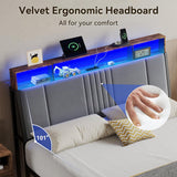 Full Bed Frame with Ergonomic Headboard, Upholstered Metal Platform Bed Full with 2-Tier Storage, Charging Station