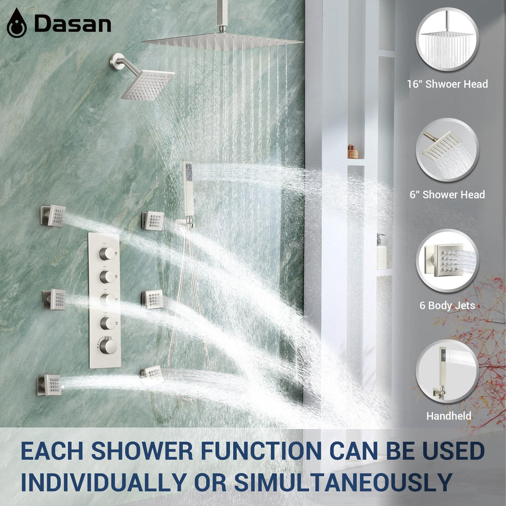 Thermostatic Dual Shower Head System with 6 Body Jets, 6-Inch Shower & 16" Rainfall Shower, Luxury Brushed Nickel