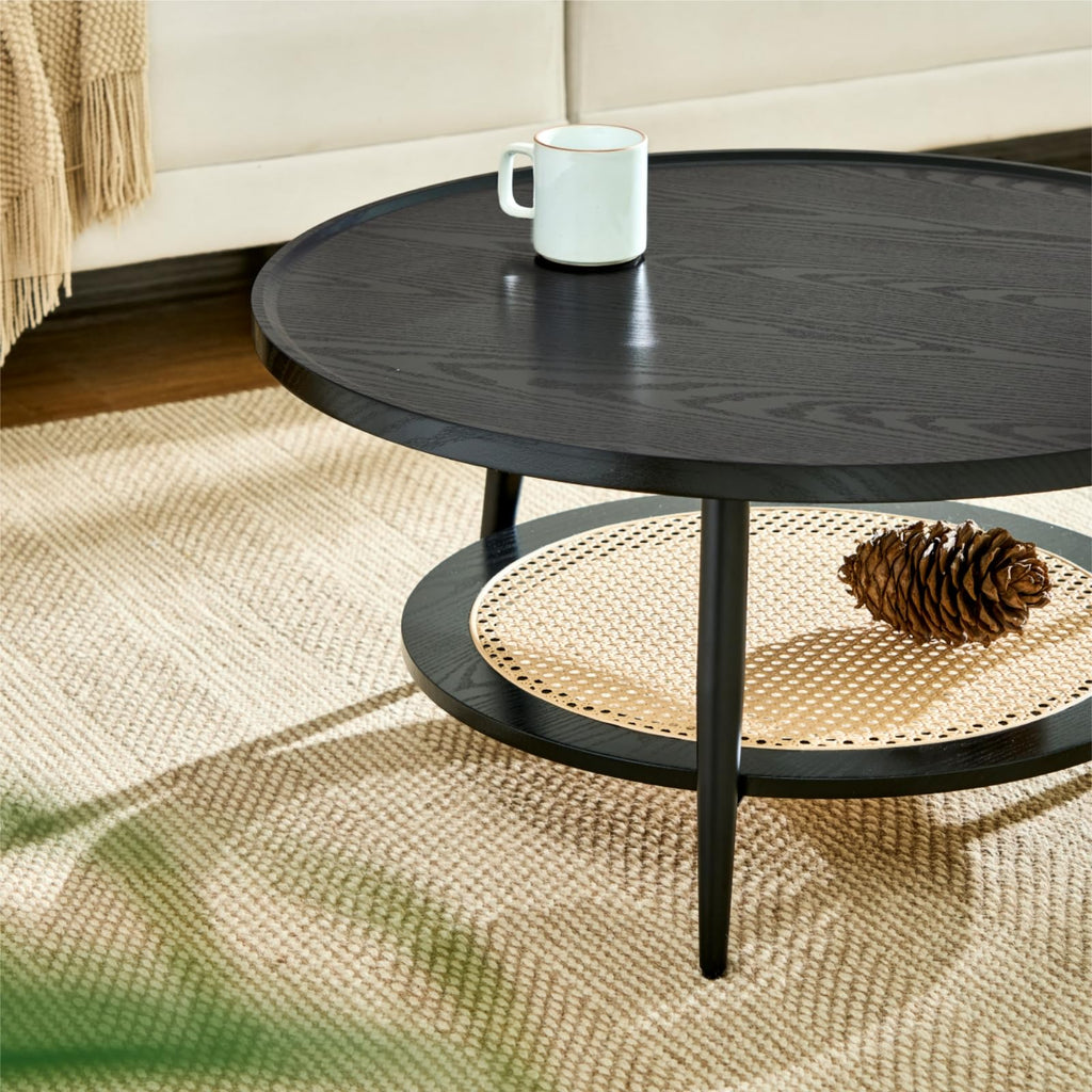 Mossi Wood and Rattan Coffee Table, Mid Century Modern Round Coffee Table, 2-Tier Boho Center Table for Small Space