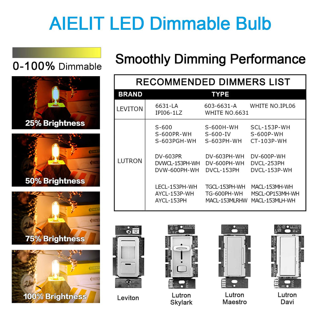 T8 Tubular LED Filament Bulb 2W (25W Equal) E12 Candelabra Base, Dimmable, 3000K Soft White (4 Pack)