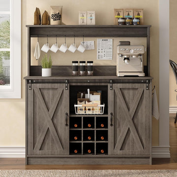 47" Farmhouse Coffee Bar Cabinet with Storage Hutch, Grey | Coffee Bar Station with Sliding Barn Door, 6 Hooks and