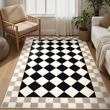 Checkered Rug, Black Washable Bedroom Area Rug Checked Kids Room Rug, Non-Slip Soft Low Pile Stain Resistant