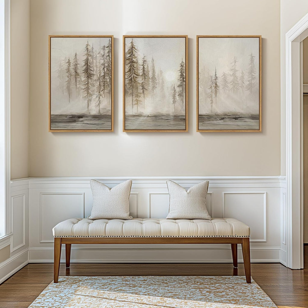 Large Framed Neutral Abstract Landscape Set of 3 Living Room Wall Art, Modern Misty Pine Forest Canvas Artwork for