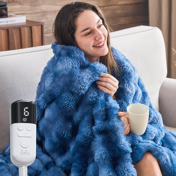 Faux Rabbit Fur Heated Blanket Twin Size, TieDyeBlue, 62"x84"