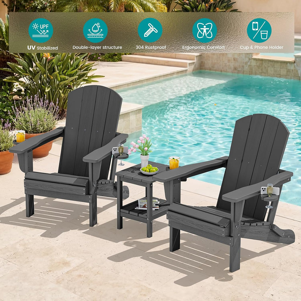 Outdoor Adirondack Chair Set of 2 with Cup Holders,Grey | HDPE Composite,Waterproof,Wood Grain,Cup & Phone