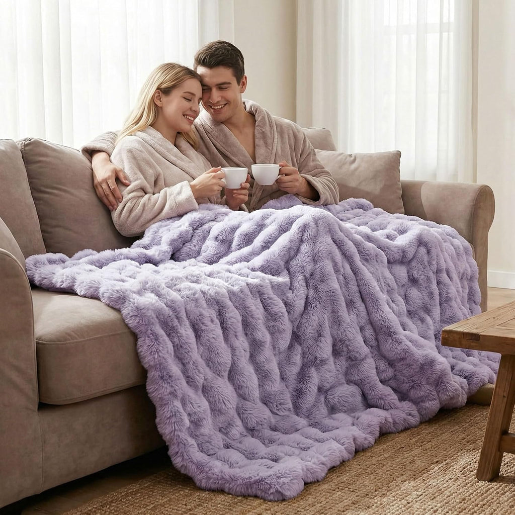 Soft Fluffy Oversized Bubble Faux Rabbit Fur Throw Blanket 60" x 70", Reversible Solid Thick Warm Fuzzy Blanket for